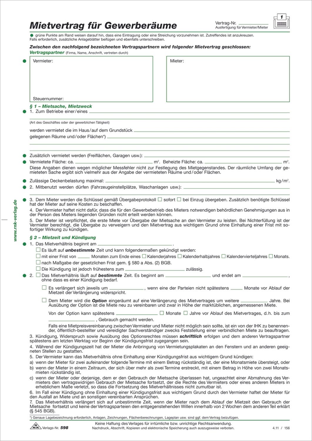 Mietvertrag für Gewerberäume, 6 Seiten, gefalzt auf DIN A4, 10 Stück Mietvertrag für Gewerberäume, 6 Seiten, gefalzt auf DIN A4, 10 Stück