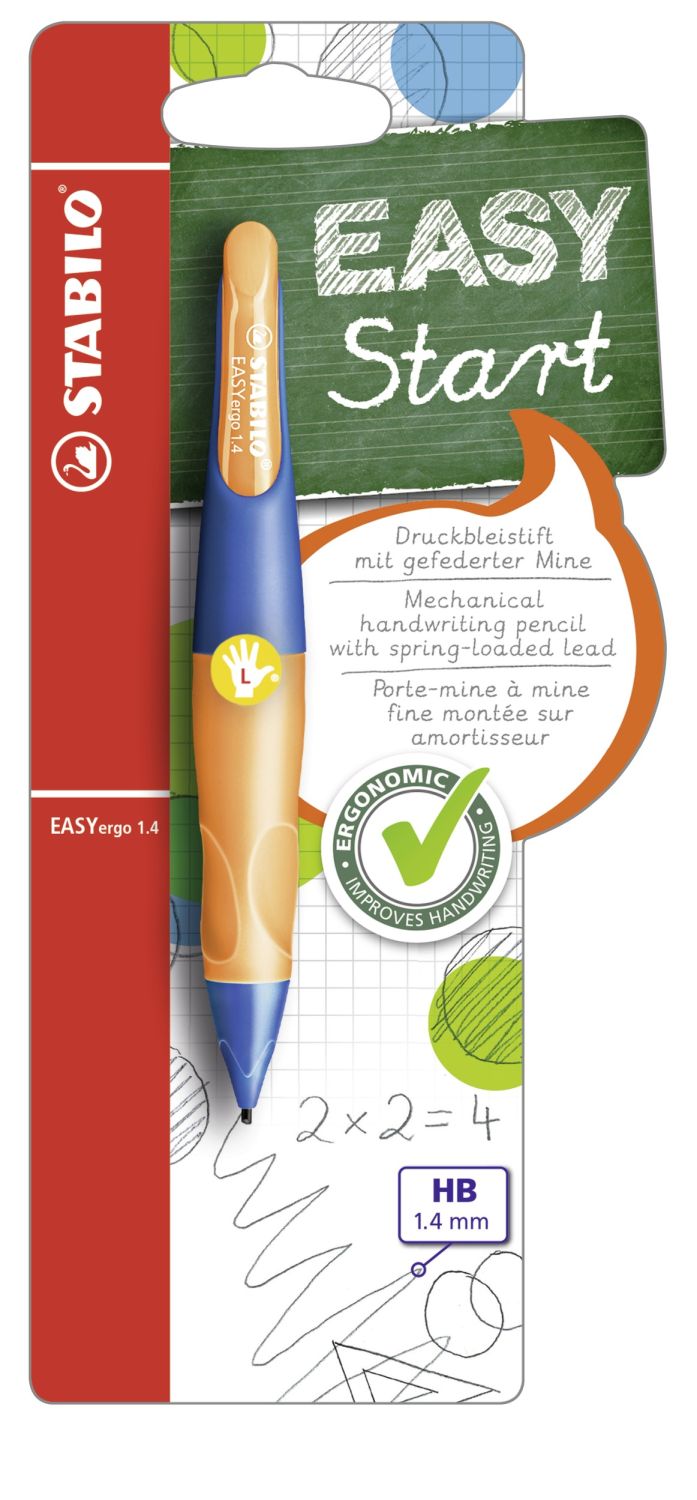 Ergonomischer Druck-Bleistift für Linkshänder - EASYergo 1.4 in ultramarinblau/neonorange - Einzelstift - inklusive 3 dünner Minen - Härtegrad HB