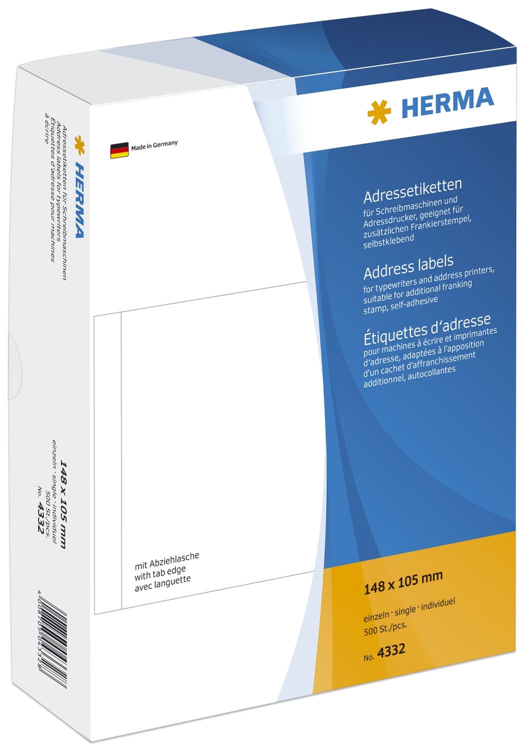 4332 Adress-Etiketten - einzeln mit Abziehlasche, 148 x 105 mm, selbstklebend, 500 Stück 4332 Adress-Etiketten - einzeln mit Abziehlasche, 148 x 105 mm, selbstklebend, 500 Stück