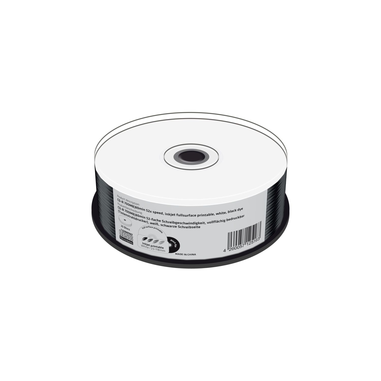 CD-R 700MB, 80min 52-fache Schreibgeschwindigkeit, vollflächig bedruckbar (Tintenstrahldrucker), schwarze Schreibseite, 25er Cakebox CD-R 700MB, 80min 52-fache Schreibgeschwindigkeit, vollflächig bedruckbar (Tintenstrahldrucker), schwarze Schreibseite, 25er Cakebox