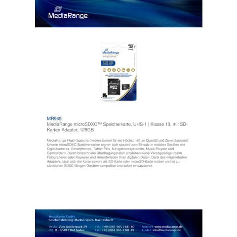 SD-Karte MediaRange MR945, 128 GB, bis 80 MB/s, Micro SDXC Klasse 10 mit SD-Karten Adapter
