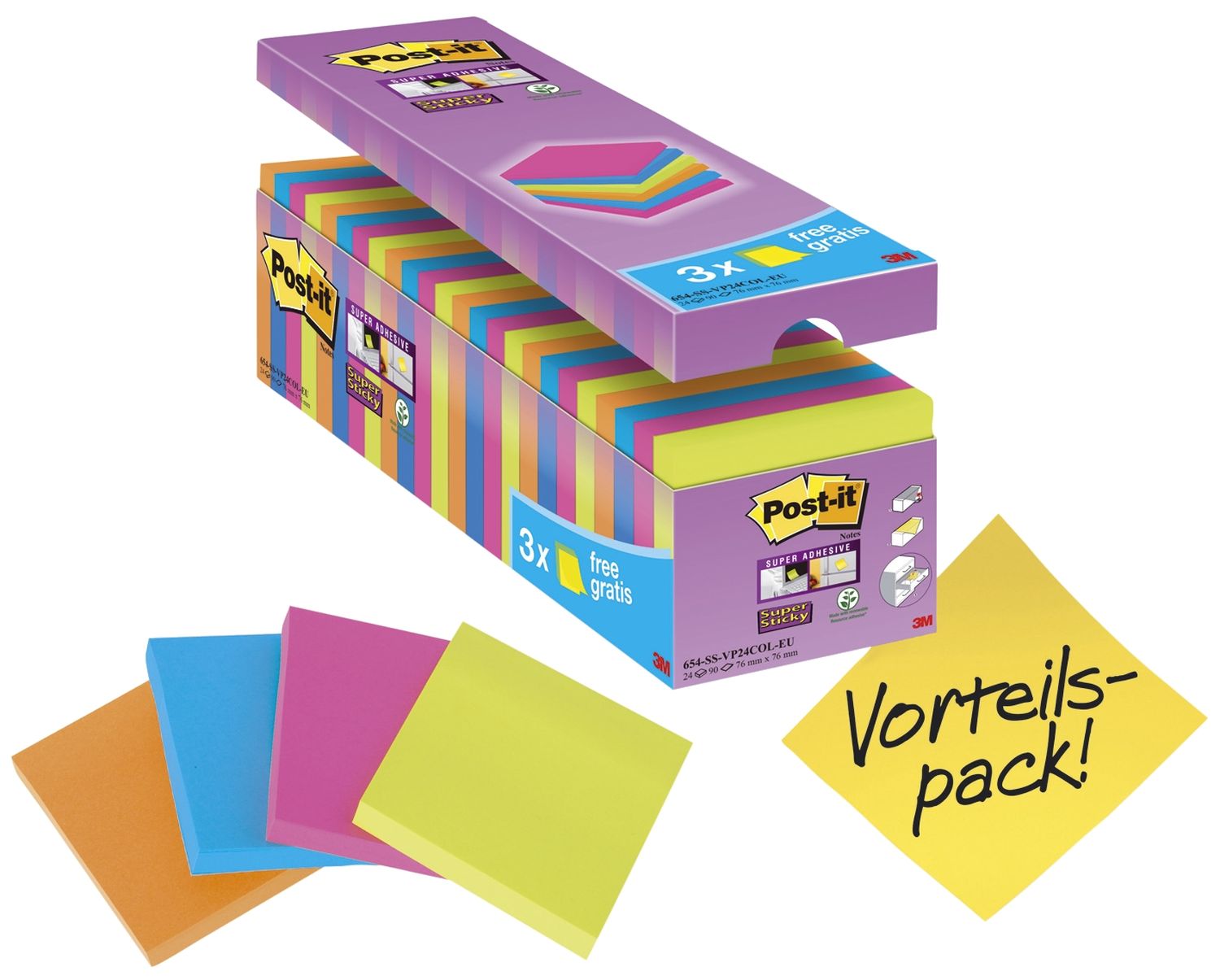 Haftnotiz Super Sticky Notes Vorteilspack - 76 x 76 mm, 24x 90 Blatt