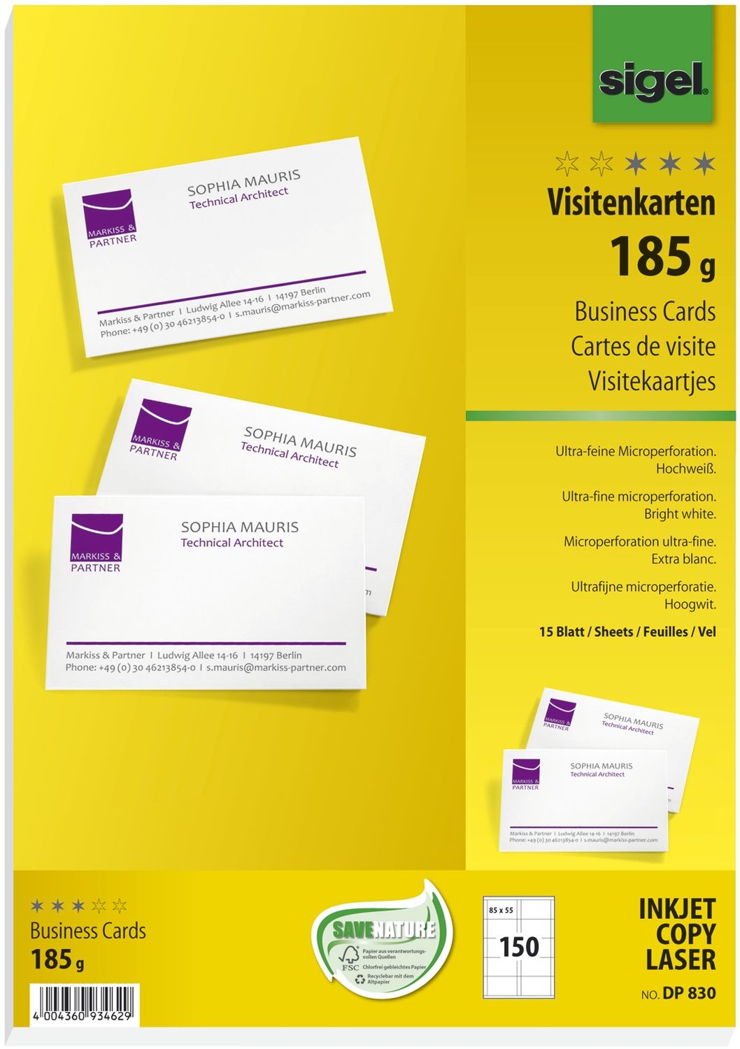 Visitenkarten, microperforiert, 185 g/qm, hochweiß, 150 Stück