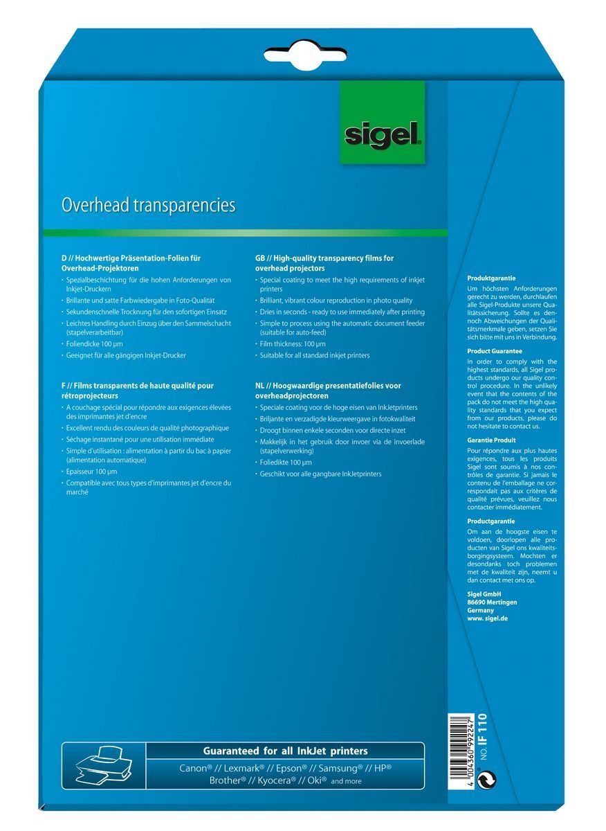 InkJet Overhead-Folien, transparent, 100 mym, A4, 10 Blatt InkJet Overhead-Folien, transparent, 100 mym, A4, 10 Blatt