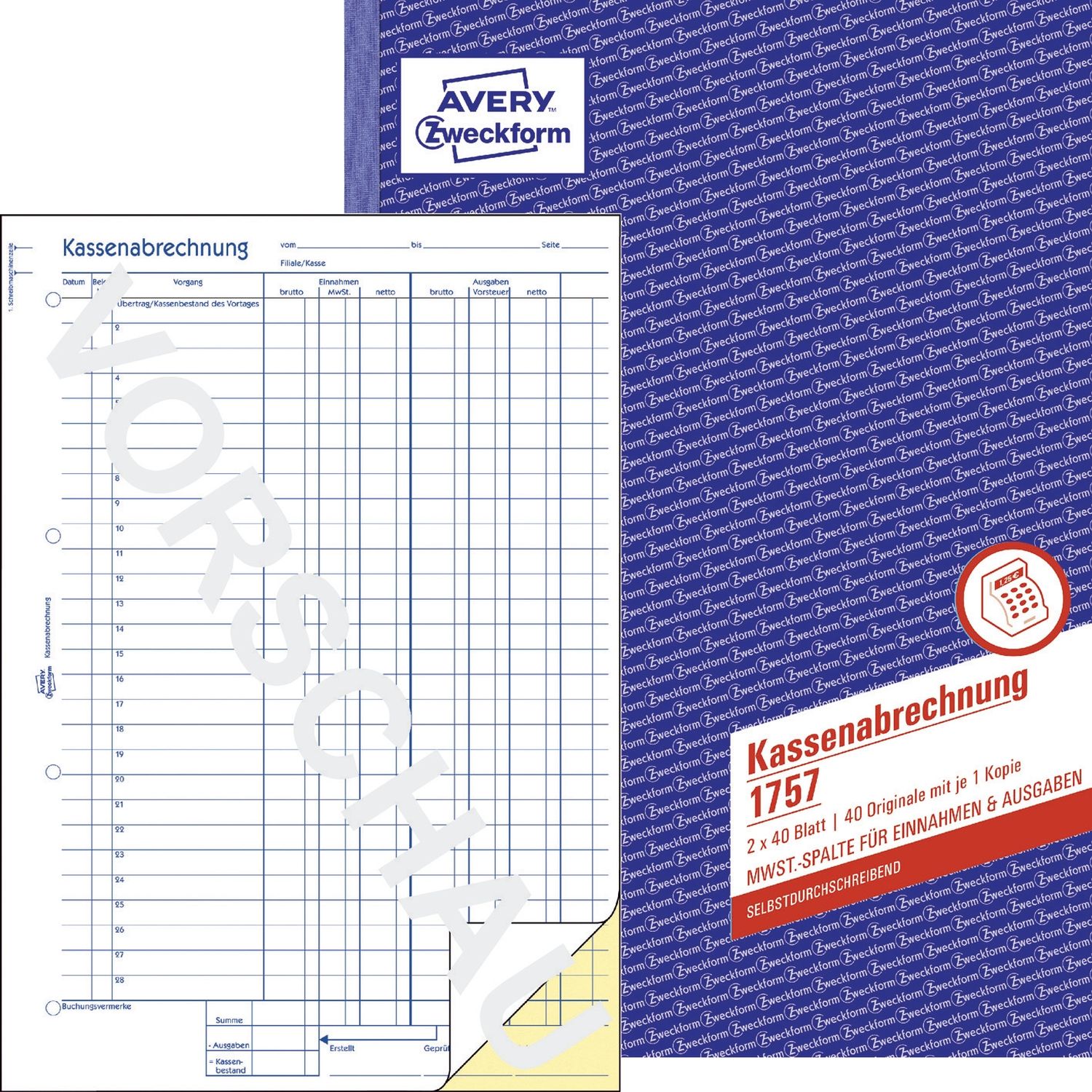 1757 Kassenabrechnung, 1.& 2.Bl. bedr. MwSt.-Spalte Ein-Ausgaben, SD, DIN A4, 2x40Bl. 1757 Kassenabrechnung, 1.& 2.Bl. bedr. MwSt.-Spalte Ein-Ausgaben, SD, DIN A4, 2x40Bl.
