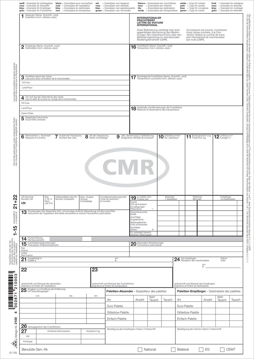Internationaler Frachtbrief (CMR) - SD, 1 x 4 Blatt, DIN A4 Internationaler Frachtbrief (CMR) - SD, 1 x 4 Blatt, DIN A4