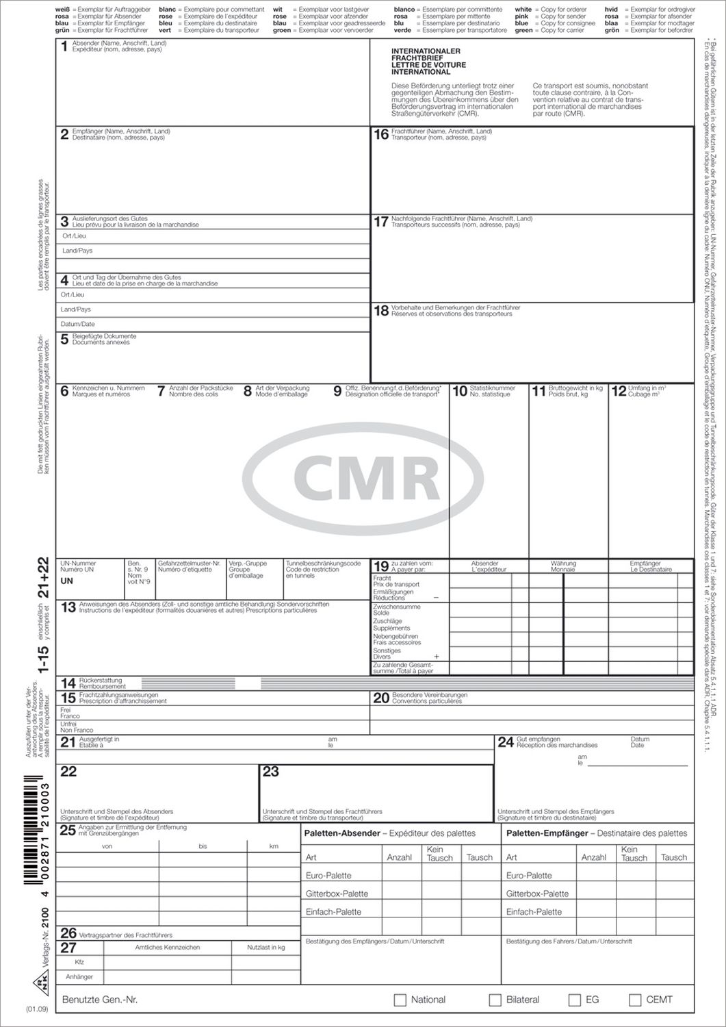 Internationaler Frachtbrief (CMR) - SD, 1 x 4 Blatt, DIN A4