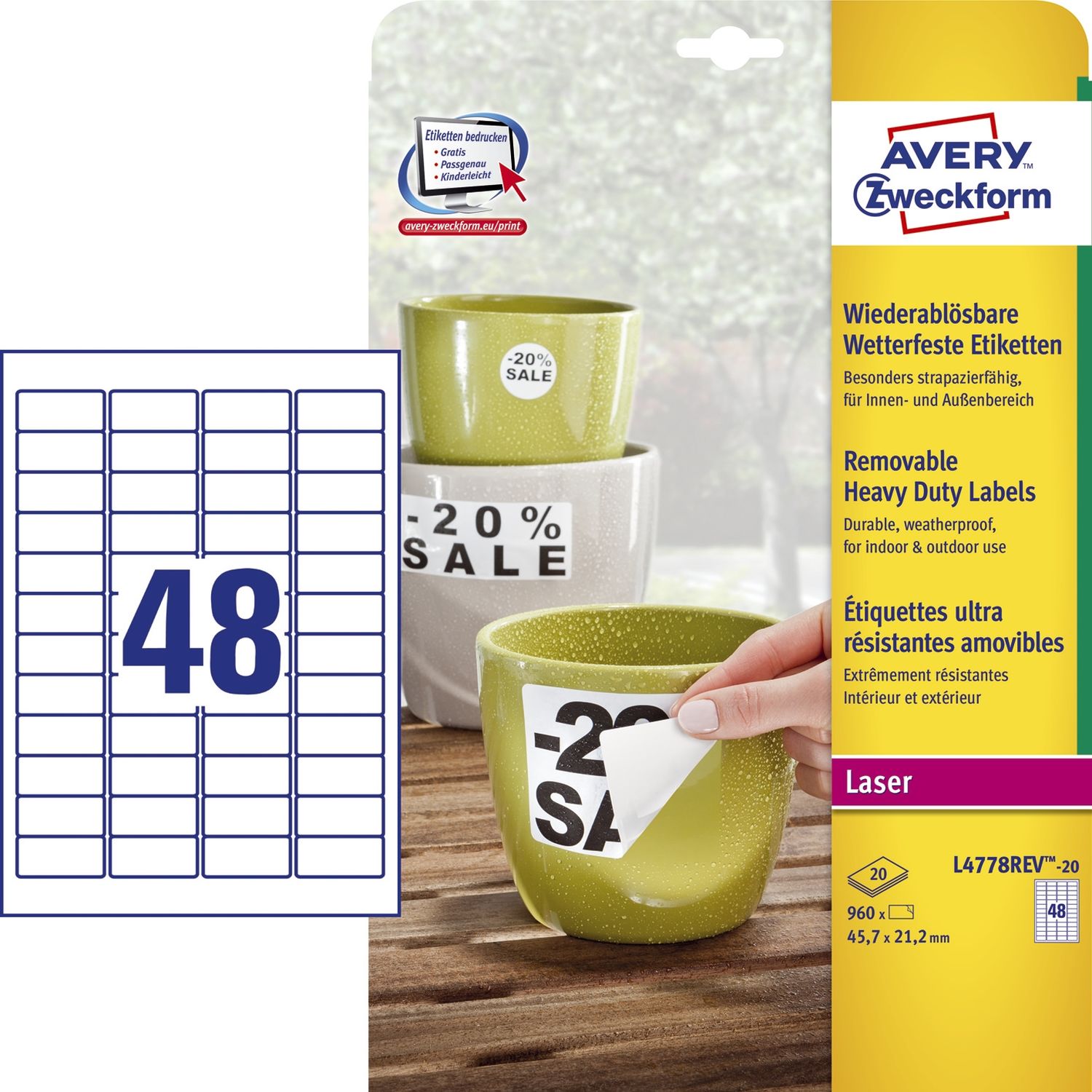L4778REV-20 Wetterfeste Etiketten (A4, 960 Stück, ablösbar, 45,7 x 21,2 mm) 20 Blatt weiß L4778REV-20 Wetterfeste Etiketten (A4, 960 Stück, ablösbar, 45,7 x 21,2 mm) 20 Blatt weiß