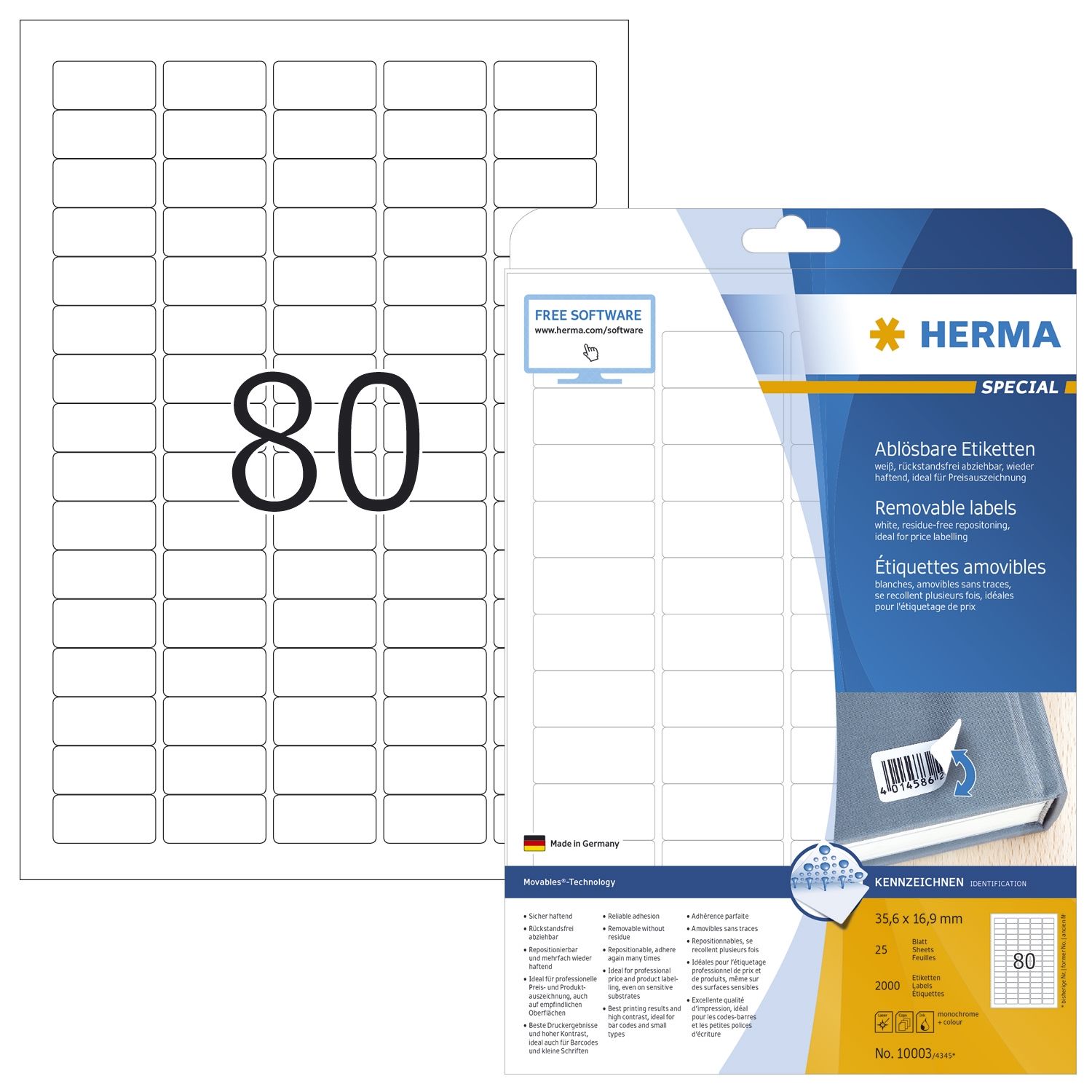 10003 Etiketten A4 weiß 35,6x16,9 mm Movables/ablösbar Papier matt 2000 St.