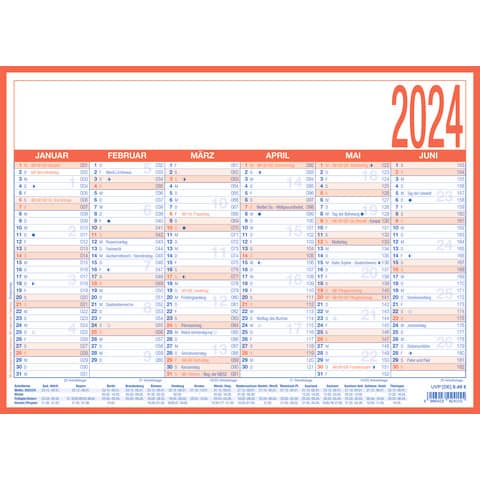 Tafelkalender Zettler 609854 Tischkalender, Jahr 2024, DIN A4 quer, 2 x 6 Monate auf  je 1 Seite, kaschierter Karton (abwischbar)