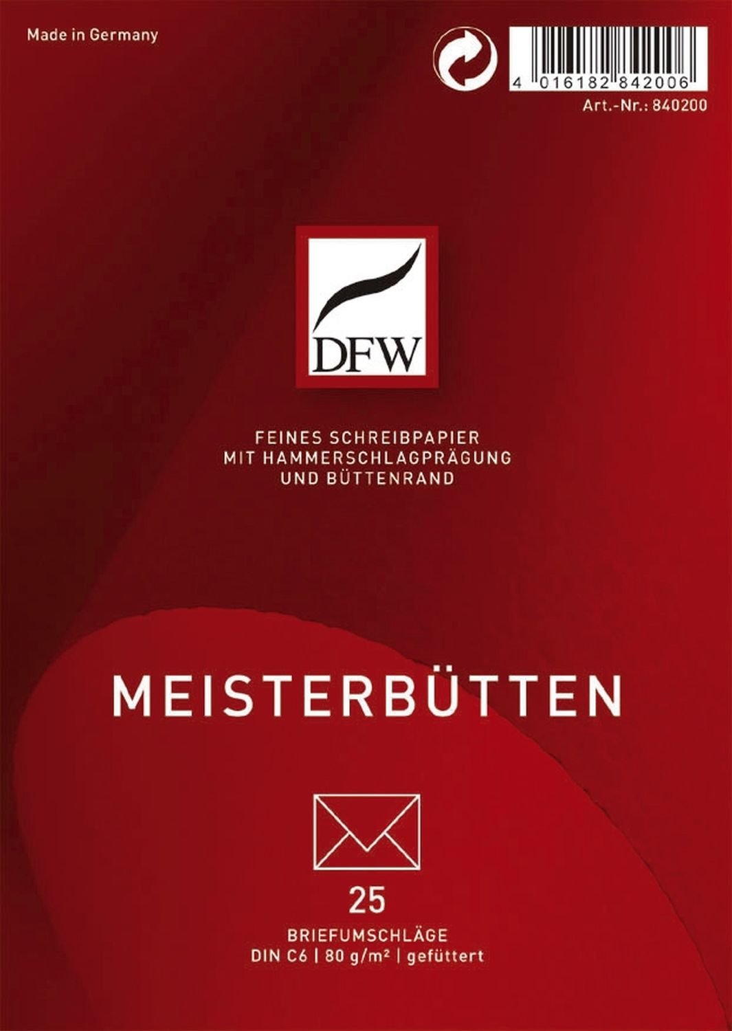 Briefumschläge Meisterbütten DFW 840200, DIN C6, gefüttert, 80 g/qm, 25 Stück