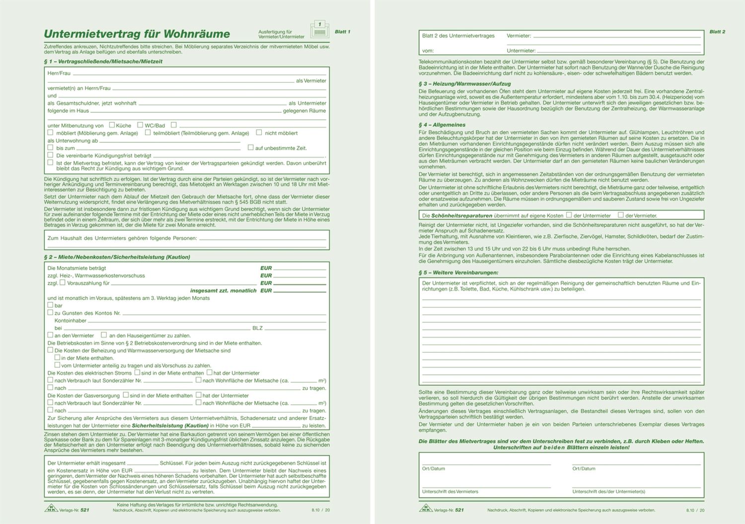 Untermietvertrag für Wohnräume - SD, 2 x 2 Blatt, DIN A4 Untermietvertrag für Wohnräume - SD, 2 x 2 Blatt, DIN A4