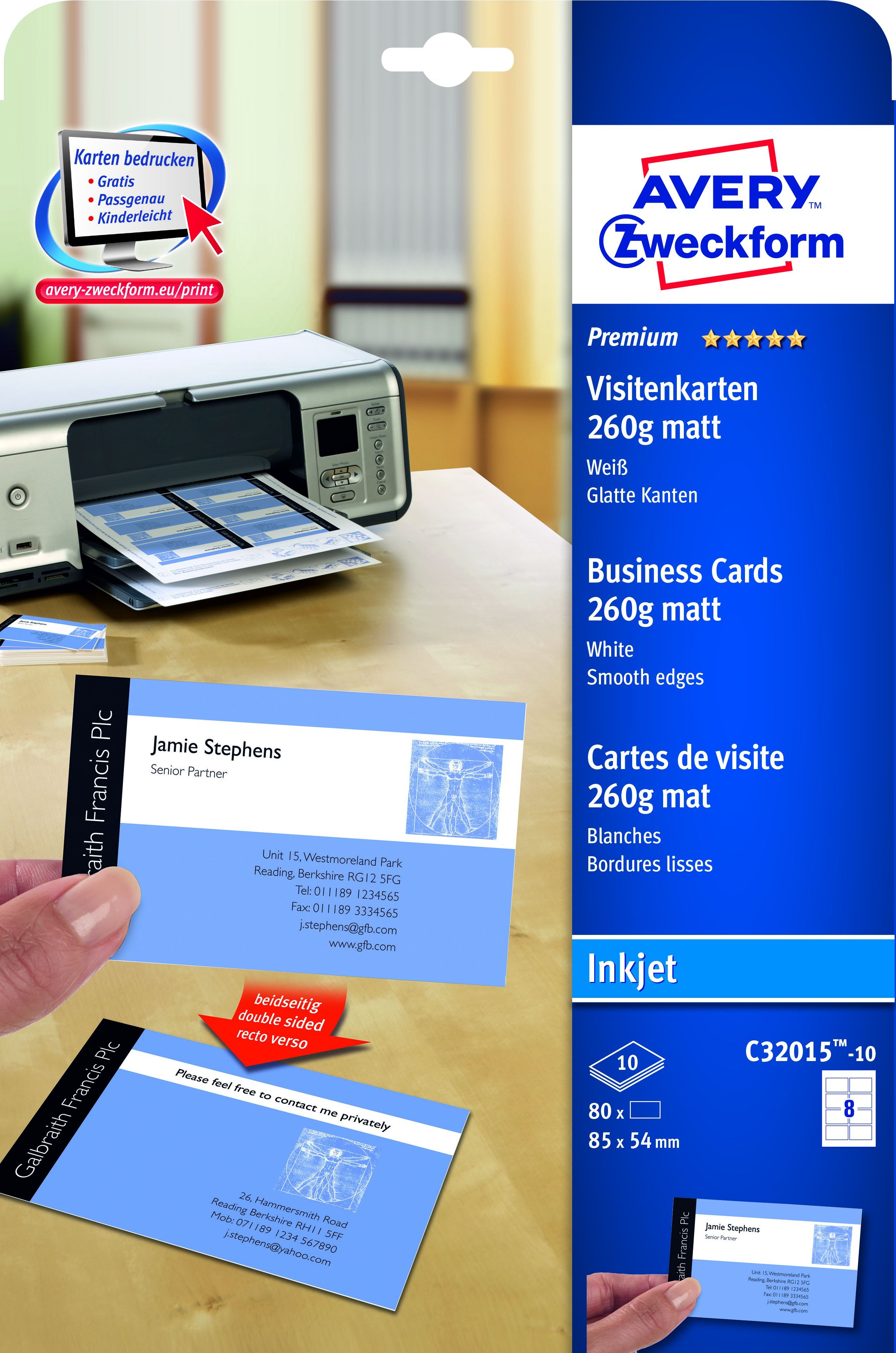 C32015-10 Premium Visitenkarten, 85 x 54 mm, Inkjet-Spezialbeschichtung beidseitig - matt, 10 Blatt/80 Stück