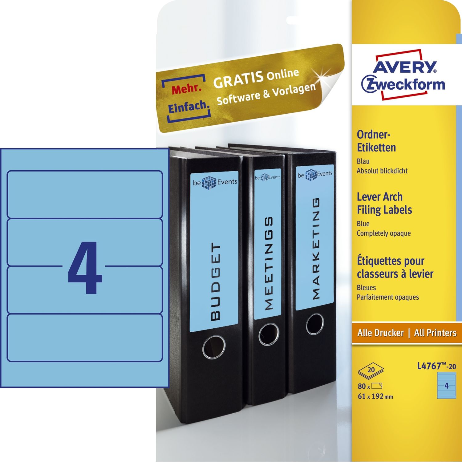Rückenschilder farbig Avery Zweckform L4767-20 PC-beschriftbar, breit/kurz 61 x 192 mm, 20 Bogen/80 Etiketten, blau