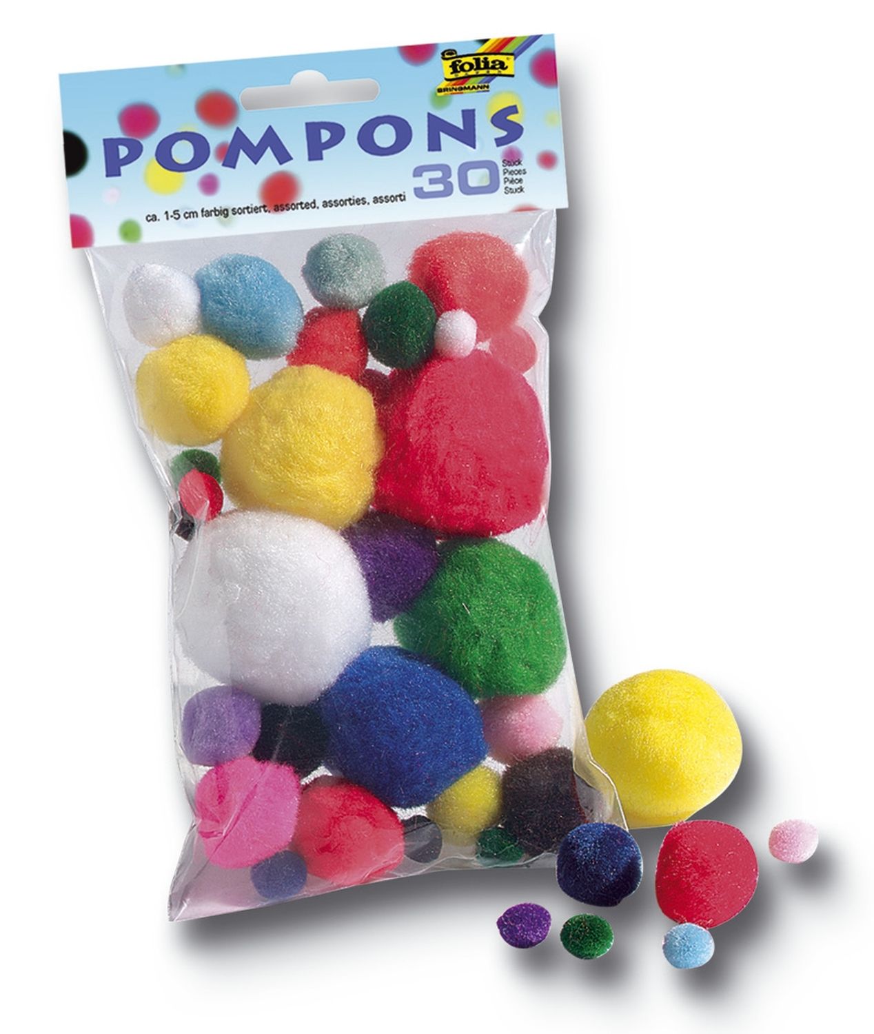 Pompons - Ø 1-5 cm, farbig sortiert, 30 Stück Pompons - Ø 1-5 cm, farbig sortiert, 30 Stück