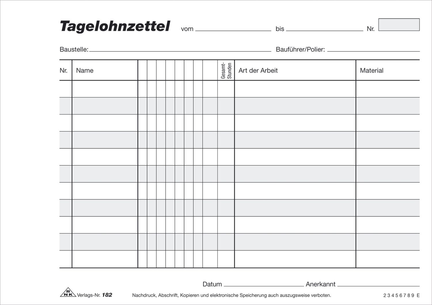 Tagelohnzettel - Block - SD, 3 x 40 Blatt, DIN A5 quer Tagelohnzettel - Block - SD, 3 x 40 Blatt, DIN A5 quer