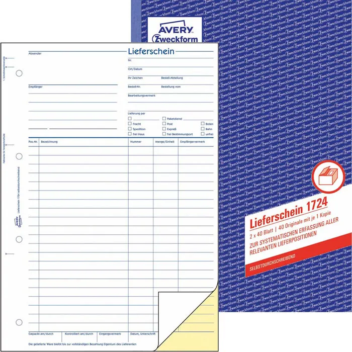 Lieferschein Zweckform 1724, DIN A4, selbstdurchschreibend, 2 x 40 Blatt